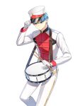  1boy :/ adjusting_clothes adjusting_headwear band_uniform blue_eyes blue_hair buttons closed_mouth closers collared_jacket double-breasted drumsticks feet_out_of_frame gloves hand_on_headwear hand_up hat high_collar highres holding holding_drumsticks jacket leg_up long_sleeves looking_to_the_side male_focus marching_band nata_(closers) official_art pants shako_cap short_hair single_vertical_stripe snare_drum solo standing standing_on_one_leg uniform v-shaped_eyebrows white_background white_gloves white_headwear white_jacket white_pants 