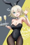  1girl ;d azur_lane bare_shoulders black_leotard blonde_hair blue_eyes blush breasts cleavage commentary_request covered_navel cup detached_collar drinking_glass hair_between_eyes hands_up happy highres hip_focus holding holding_tray large_breasts leotard medium_hair oklahoma_(azur_lane) one_eye_closed pantyhose playboy_bunny rakuza_(ziware30) skin_tight smile solo strapless strapless_leotard teeth tray upper_teeth_only waving wrist_cuffs 