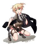  1girl black_skirt blonde_hair blue_jacket blue_necktie bolt_action brown_jacket dated fujii_jun girls&#039;_frontline green_eyes gun handgun jacket looking_at_viewer necktie open_clothes open_jacket shirt skirt solo squatting thighs two-tone_skirt weapon welrod welrod_mkii_(girls&#039;_frontline) white_background white_shirt 