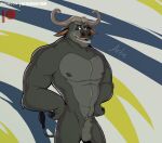 abs animal_genitalia anthro artietheartbull balls biceps bovid bovine butt cape_buffalo cattle chief_bogo digital_media_(artwork) disney fur genitals hair horn looking_at_viewer male mammal muscular muscular_anthro muscular_male nipples nude open_mouth pecs sheath solo tail zootopia