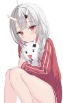  1girl absurdres blush braid gradient_hair grey_hair highres hololive horns jacket karma_(nakiri_ayame) long_hair looking_at_viewer multicolored_hair nakiri_ayame nakiri_ayame_(7th_costume) official_alternate_costume oni open_mouth red_eyes red_hair red_jacket skin-covered_horns streaked_hair tamamorh track_jacket twin_braids virtual_youtuber white_background 