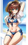  1girl ahoge arthur_ko beach bikini blue_bikini blue_eyes blush braid breasts brown_hair cropped_jacket groin hair_flaps hat highres jacket kantai_collection long_hair medium_breasts navel ocean open_clothes open_jacket open_mouth shigure_(kancolle) shigure_kai_san_(kancolle) short_sleeves single_braid solo straw_hat swimsuit thigh_strap twitter_username white_jacket 