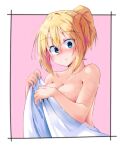  1girl alice_margatroid alternate_hairstyle blonde_hair blue_eyes blush body_blush breasts cleavage commentary_request convenient_arm dondyuruma hair_between_eyes highres looking_at_viewer naked_towel open_towel ponytail short_hair solo touhou towel upper_body 