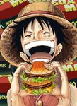  1boy burger eating eyes_closed food hamburger hat male male_focus monkey_d_luffy one_piece open_mouth scar smile solo straw_hat 