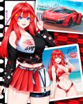  1girl bikini black_sweater blue_eyes breasts car cleavage collarbone cowlick cropped_shirt furious_7 go-toubun_no_hanayome hair_ornament imrinzlergtz_art large_breasts looking_at_viewer motor_vehicle nakano_itsuki navel off_shoulder red_bikini red_hair shirt shorts shorts_under_skirt solo sports_car star_(symbol) star_hair_ornament sweater swimsuit the_fast_and_the_furious thigh_strap v w_motors w_motors_lykan_hypersport white_shirt white_shorts 