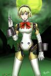  aegis_(persona) android blonde_hair blue_eyes bow breasts full_moon moon no_nipples persona persona_3 ramiro_de_la_cruz robot_joints shell_casing short_hair smoke solo 