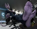 5_toes beerus capsule_corp clothing dbzdr domestic_cat dragon_ball dragon_ball_super feet felid feline felis foot_fetish foot_focus hairless hairless_cat hi_res looking_at_foot male male/male mammal purple_body soles solo sphynx_(cat) story story_in_description suit toes