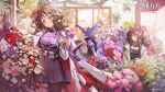  3girls angelina_(arknights) animal_ears arknights braid coat eyjafjalla_(arknights) eyjafjalla_the_hvit_aska_(arknights) flower hair_ornament highres holding holding_flower horns jewelry kaoruko_(unkrk55) long_hair multiple_girls necklace official_art plant potted_plant provence_(arknights) red_eyes smile standing tail twintails 