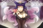  ahri ahri_(cosplay) alternate_costume animal_ears blue_eyes breasts cleavage cosplay fox_ears fox_tail hat hyuuga_hinata large_breasts league_of_legends leaning_forward long_hair naruto_(series) naruto_shippuuden one_eye_closed pantyhose popstar_ahri popstar_ahri_(cosplay) purple_hair sakuama solo tail thigh_gap 