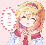  1girl alice_margatroid bare_shoulders blonde_hair blush capelet closed_eyes dondyuruma frilled_hairband frills hairband heart lolita_hairband medium_hair off_shoulder open_mouth pink_background red_hairband smile solo steepled_fingers touhou translated white_capelet 