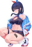  1girl bikini black_bikini black_hair black_skirt blue_eyes blue_jacket breasts cleavage closed_mouth gridman_universe hair_ribbon hands_in_pockets highres jacket kneehighs large_breasts long_hair looking_at_viewer microskirt multicolored_clothes multicolored_jacket navel off_shoulder official_alternate_costume official_alternate_hairstyle ponytail ribbon shoes single_kneehigh single_sock skirt sneakers socks solo squatting ssss.gridman swimsuit takarada_rikka thick_thighs thigh_strap thighs uyufuzi_s white_background white_footwear white_jacket 