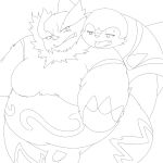 anthro balls belly chesnaught duo emboar flaccid foreskin generation_5_pokemon generation_6_pokemon genitals groping_from_behind hi_res kemoduelist line_art male male/male moobs nintendo overweight penis pokemon pokemon_(species)