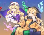  2girls black_headwear blonde_hair brown_eyes collarbone detached_sleeves dress fire frilled_dress frills gap_(touhou) gloves gradient_background gradient_eyes green_fire green_skirt hair_between_eyes hand_fan hat hat_ribbon highres holding holding_fan matara_okina mob_cap multicolored_eyes multiple_girls neold orange_sleeves parted_lips puffy_short_sleeves puffy_sleeves purple_dress ribbon short_sleeves sitting skirt smile touhou upper_body wavy_hair white_gloves white_headwear yakumo_yukari 