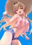  1girl bare_arms bare_shoulders bikini blue_shorts blue_sky brown_eyes brown_hair commentary_request dated denim denim_shorts from_below hair_intakes hat highres long_hair looking_at_viewer navel open_fly open_mouth pink_bikini seto_no_hanayome seto_sun shiromonefu shorts sky smile solo stomach straw_hat sun_hat swimsuit 