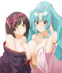  2girls aqua_hair bare_shoulders black_hair black_kimono blunt_bangs blunt_ends bob_cut breast_press breasts closed_mouth commentary_request hair_ribbon hairband hand_in_own_hair hinata_masaki japanese_clothes kimono kimono_pull large_breasts long_hair long_sleeves looking_at_viewer mio_(tsuki_ga_michibiku_isekai_douchuu) multiple_girls no_bra pink_kimono purple_hairband red_eyes ribbon short_hair side-by-side simple_background smile symmetrical_docking tomoe_(tsuki_ga_michibiku_isekai_douchuu) tsuki_ga_michibiku_isekai_douchuu white_background white_ribbon wide_ponytail wide_sleeves yellow_eyes 