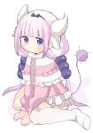  1girl beads blue_eyes blunt_bangs capelet child commentary_request dragon_girl dragon_horns dress frilled_capelet frills hair_beads hair_ornament hairband horns kanna_kamui kobayashi-san_chi_no_maidragon long_hair looking_at_viewer low_twintails nakajima_lupus pink_dress sitting tail thighhighs twintails twitter_username wariza watermark white_background white_thighhighs 