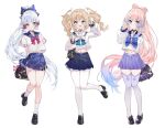  3girls :d :o alternate_costume arm_behind_back arm_up arms_behind_back bag bag_charm barbara_(genshin_impact) black_choker black_footwear blonde_hair blue_bow blue_bowtie blue_eyes blue_hair blue_skirt blunt_tresses blush bow bow-shaped_hair bowtie charm_(object) choker closed_mouth colored_tips commentary drill_hair full_body genshin_impact gradient_legwear hair_bow hair_ribbon hand_up highres kamisato_ayaka loafers long_hair long_sleeves looking_at_viewer midriff multicolored_hair multiple_girls navel neck_tassel open_mouth pantyhose pink_bow pink_bowtie pink_hair pleated_skirt ponytail purple_eyes purple_skirt ribbon sangonomiya_kokomi school_bag school_uniform serafuku shirt shoes short_sleeves simple_background skirt smile socks standing standing_on_one_leg tassel thighhighs tress_ribbon twin_drills white_background white_pantyhose white_shirt white_socks white_thighhighs yuia 