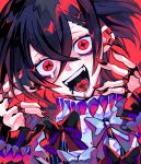  1boy absurdres black_bow black_hair black_nails bow crossed_bangs drooling ear_piercing fangs frills highres himanemuitoma jewelry long_sleeves looking_at_viewer medium_hair multiple_rings nail_polish neck_ruff open_mouth original piercing ras_(himanemuitoma) red_background red_eyes red_nails red_tongue ring shirt sleeves_past_wrists smile solo striped_clothes striped_shirt symbol-shaped_pupils upper_body vertical-striped_clothes vertical-striped_shirt white_bow 