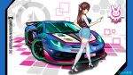  1girl artist_name ass black_footwear blue_shirt blue_shorts brown_eyes brown_hair car character_name d.va_(overwatch) denim denim_shorts english_commentary headphones high_heels highres imrinzlergtz_art lamborghini lamborghini_aventador lamborghini_aventador_svj long_hair looking_at_viewer looking_back major_league_gaming motor_vehicle nitrous_oxide_systems overwatch race_vehicle racecar shadow shirt shorts signature sleeveless sleeveless_shirt solo thighhighs v vehicle_focus vehicle_name walking white_thighhighs 