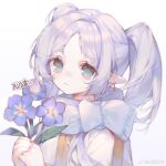  1girl artist_name blue_eyes blue_flower cupping_hands dot_nose dress drop_earrings earrings elf flower frieren frown gold_trim hair_intakes highres holding holding_flower jewelry long_hair looking_at_viewer nemophila_(flower) own_hands_together parted_bangs pink_nails pointy_ears scarf sidelocks solo sousou_no_frieren twintails upper_body weibo_logo weibo_username white_dress white_scarf xi_guapi 