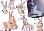 alternate_species anthro audrey_(lizet) biped bodily_fluids breasts countershade_torso countershading dipstick_ears english_text female itzali_(lizet) kangaroo lactating lizet loimu_(character) macropod mammal marsupial multicolored_ears nipples pouch_(anatomy) solo text