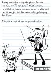 1boy 1girl :d absurdres arms_up boots buck_teeth commentary crossover diary_of_a_wimpy_kid dizzyisdizzy english_commentary english_text glowstick greyscale hatsune_miku highres holding holding_glowstick holding_microphone jeff_kinney_(style) lined_paper microphone monochrome necktie parody rowley_jefferson shirt short_sleeves skirt smile style_parody teeth thigh_boots twintails vocaloid 
