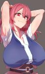  1girl absurdres arms_behind_head arms_up blush breasts breath doyagao highres huge_breasts looking_at_viewer onozuka_komachi red_eyes red_hair simple_background smile smug solo sotatsudraw steaming_body sweat touhou upper_body 