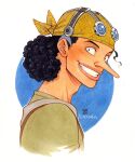  1boy artist_name bandana black_eyes black_hair clenched_teeth commentary curly_hair english_commentary goggles goggles_on_headwear highres long_nose looking_at_viewer lorna-ka male_focus one_piece short_hair signature smile solo teeth usopp 