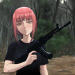 1girl akm assault_rifle bare_tree black_shirt breasts chainsaw_man closed_mouth commentary day english_commentary finger_on_trigger forest frown gun highres holding holding_gun holding_weapon kalashnikov_rifle long_hair looking_at_viewer makima_(chainsaw_man) nature outdoors red_hair reizicherry rifle ringed_eyes sam_hyde self-upload shirt short_sleeves solo t-shirt tree twitter_username upper_body weapon yellow_eyes 