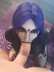  clothed_female_nude_male dc_comics highres non-web_source nude oral penis purple_eyes purple_hair raven_(dc) teen_titans 