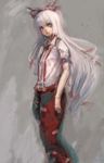  bow faux_traditional_media fujiwara_no_mokou hair_bow hiepita_(1014) highres long_hair pants red_eyes ribbon silver_hair smile solo suspenders touhou very_long_hair 