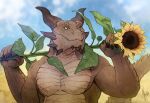 anthro brown_body brown_horn brown_scales bust_portrait cheek_spikes dragon facial_spikes flower front_view hi_res horn khyaber looking_at_viewer male mouth_closed muscular muscular_anthro muscular_male mythological_creature mythological_scalie mythology pecs plant portrait scales scalie solo spikes spikes_(anatomy) sunflower tan_body tan_scales yellow_eyes