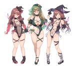 3girls absurdres alternate_costume blush bow braid breasts center_opening character_request cleavage collarbone covered_navel glasses gloves hat high_heels highleg highleg_swimsuit highres idolmaster idolmaster_shiny_colors large_breasts long_hair looking_at_viewer low_twintails multiple_girls one-piece_swimsuit one_eye_closed open_mouth osaki_amana osaki_tenka red_hair see-through siblings sisters skindentation small_breasts standing swept_bangs swimsuit thigh_strap thighs twin_braids twins twintails veil wanimaru white_background witch_hat yellow_eyes 
