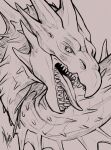 2022 ambiguous_gender dated dragon fangs feral frill_(anatomy) hi_res horn khyaber monochrome mythological_creature mythological_scalie mythology neck_frill neck_spikes open_mouth pupils scalie signature simple_background slit_pupils solo teeth