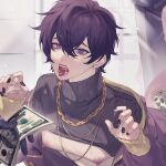  1boy banknote black_nails black_sweater chain chain_necklace clothes_lift cum cum_in_mouth cum_on_hands earrings english_commentary esse_shoto_ovo gold_chain gold_necklace hair_between_eyes half-closed_eyes highres holding holding_money indie_virtual_youtuber jacket jewelry leaning_forward looking_at_another male_focus money necklace off_shoulder open_clothes open_jacket open_mouth prostitution puffy_nipples purple_hair purple_jacket short_hair shoto_(vtuber) solo_focus sweat sweater sweater_lift teeth tongue tongue_out upper_body virtual_youtuber window yaoi 