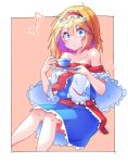  1girl alice_margatroid bare_shoulders blonde_hair blue_dress blue_eyes blush capelet closed_mouth cup dondyuruma dress frilled_hairband frills hairband holding holding_cup holding_plate lolita_hairband long_hair looking_at_viewer off_shoulder plate red_hairband sitting solo surprised sweatdrop touhou white_capelet 
