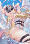  1girl absurdres angel_wings angewomon armpits arms_up asymmetrical_clothes belt black_belt blonde_hair breasts commentary_request covered_eyes digimon digimon_(creature) elbow_gloves facing_viewer feathered_wings floating_hair from_side gloves head_wings helmet helmet_over_eyes highres large_breasts long_hair mole mole_under_mouth multiple_wings navel o-ring parted_lips shanguier shawl simple_bird single_glove skindentation solo teeth thigh_belt thigh_strap thighs very_long_hair white_gloves white_wings winged_helmet wings 