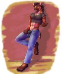 absurd_res anthro avriel_(peyotethehyena) black_hair black_nose blue_eyes bottomwear brown_body brown_fur bulge claws clothed clothing crop_top digital_media_(artwork) ear_piercing facial_piercing fur hair hi_res howlfeiwolf hyena hyenid_(species) long_hair looking_at_viewer male mammal multicolored_body multicolored_fur nose_piercing open_mouth open_smile pants pawpads paws piercing pinup ponytail pose ring_piercing shirt signature simple_background smile solo spots spotted_hyena standing tail teeth text tongue topwear torn_clothing torn_shirt torn_topwear underwear watermark