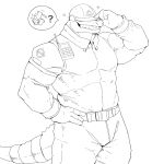 absurd_res alligator alligatorid anthro armor belt coveralls covered_eyes crocodilian dendryte_axxon headgear helmet hi_res line_art lumberjack_(arknights) male muscular reptile scalie simple_background sketch smile solo walkie-talkie white_background worksuit