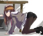  1girl all_fours ass blue_eyes brown_hair female holding_head injury jacket legwear_under_shorts long_hair looking_at_viewer makie_fujiyuki makise_kurisu necktie open_clothes open_jacket pantyhose science_adventure shorts solo steins;gate table tears y/n 