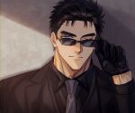  1boy adjusting_eyewear bara black_gloves black_hair black_suit blue_eyes domo_(domo_kizusuki) gloves highres kokado_shido_(domo) looking_at_viewer male_focus one_eye_closed original short_hair sideburns smile solo suit sunglasses thick_eyebrows upper_body 