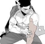  1boy abs artist_name closed_eyes closed_mouth coat coat_on_shoulders cosplay crying facial_hair frankenstein&#039;s_monster frankenstein&#039;s_monster_(cosplay) goatee golden_kamuy highres male_focus muscular muscular_male nipples object_through_head pants scar scar_on_face scar_on_forehead screw_in_head short_hair signature simple_background sitting solo spot_color stitched_arm stitched_torso stitches tears tsukishima_hajime tsuruko_turuta very_short_hair white_background 