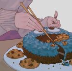  1other ambiguous_gender cake chocolate_chip_cookie chopsticks cookie cookie_monster dessert food food_focus grey_background hnzw_kun holding holding_chopsticks holding_spoon original plate sesame_street solo spoon sweater table wooden_table 