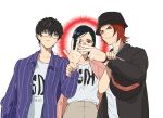  2boys absurdres amamiya_ren closed_mouth commentary crossover hat highres igusaharu multiple_boys persona persona_5 rock_paper_scissors short_hair simple_background white_background 