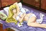 absurdres arm_behind_head armpits bed_sheet blonde_hair blue_eyes breasts cleavage highres itou_katsunobu jeanne_kaguya_d'arc jewelry large_breasts legs long_hair lying nobunaga_the_fool non-web_source nyantype official_art on_side pillow scan solo underboob very_long_hair 