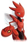 2015 amber_eyes ambiguous_gender beauty_mark black_body deedledove digital_drawing_(artwork) digital_media_(artwork) generation_2_pokemon hand_on_hip hi_res insect_wings looking_aside multicolored_body nintendo pincers pokemon pokemon_(species) red_body scizor simple_background standing two_tone_body white_background wings