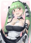  1girl :d azur_lane bare_shoulders between_breasts black_dress black_ribbon blush breasts clothes_lift cosplay danbora dress dress_lift formidable_(azur_lane) formidable_(azur_lane)_(cosplay) frilled_dress frills green_hair hair_ribbon heart highres large_breasts long_hair looking_at_viewer open_mouth ribbon shropshire_(azur_lane) smile solo twintails two-tone_dress two-tone_ribbon upper_body white_dress white_ribbon yellow_eyes 