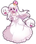  1girl artist_name blush_stickers boo_(mario) breasts choker cleavage collarbone commentary crown dress english_commentary eyelashes fangs frilled_choker frilled_dress frilled_sleeves frills full_body furrowed_brow gem ghost_pose gloves kougane large_breasts long_dress long_hair looking_at_viewer mario_(series) mini_crown new_super_mario_bros._u_deluxe open_mouth pink_headwear polka_dot_headwear princess_king_boo puffy_short_sleeves puffy_sleeves purple_eyes purple_gemstone short_sleeves solo square_neckline super_crown tongue transparent_background upper_body white_choker white_dress white_gloves white_hair white_sleeves 