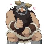  1boy anime_coloring bara beard bracer brown_hair dungeon_meshi dwarf facial_hair fake_horns feet_out_of_frame heart helmet highres horned_helmet horns long_beard loving_aura male_focus mrswirly muscular muscular_male official_style senshi_(dungeon_meshi) sitting solo thick_mustache thumbs_up topless_male very_long_beard 