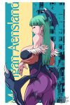  1girl animal_print artist_name ass bare_shoulders bat_print black_leotard blunt_bangs breasts bridal_gauntlets character_name cowboy_shot fur-trimmed_leotard fur_trim green_eyes green_hair head_wings highres large_breasts leotard low_wings mimiyama_kiichi morrigan_aensland pantyhose print_pantyhose profile purple_pantyhose smile solo strapless strapless_leotard thighs vampire_(game) wings 